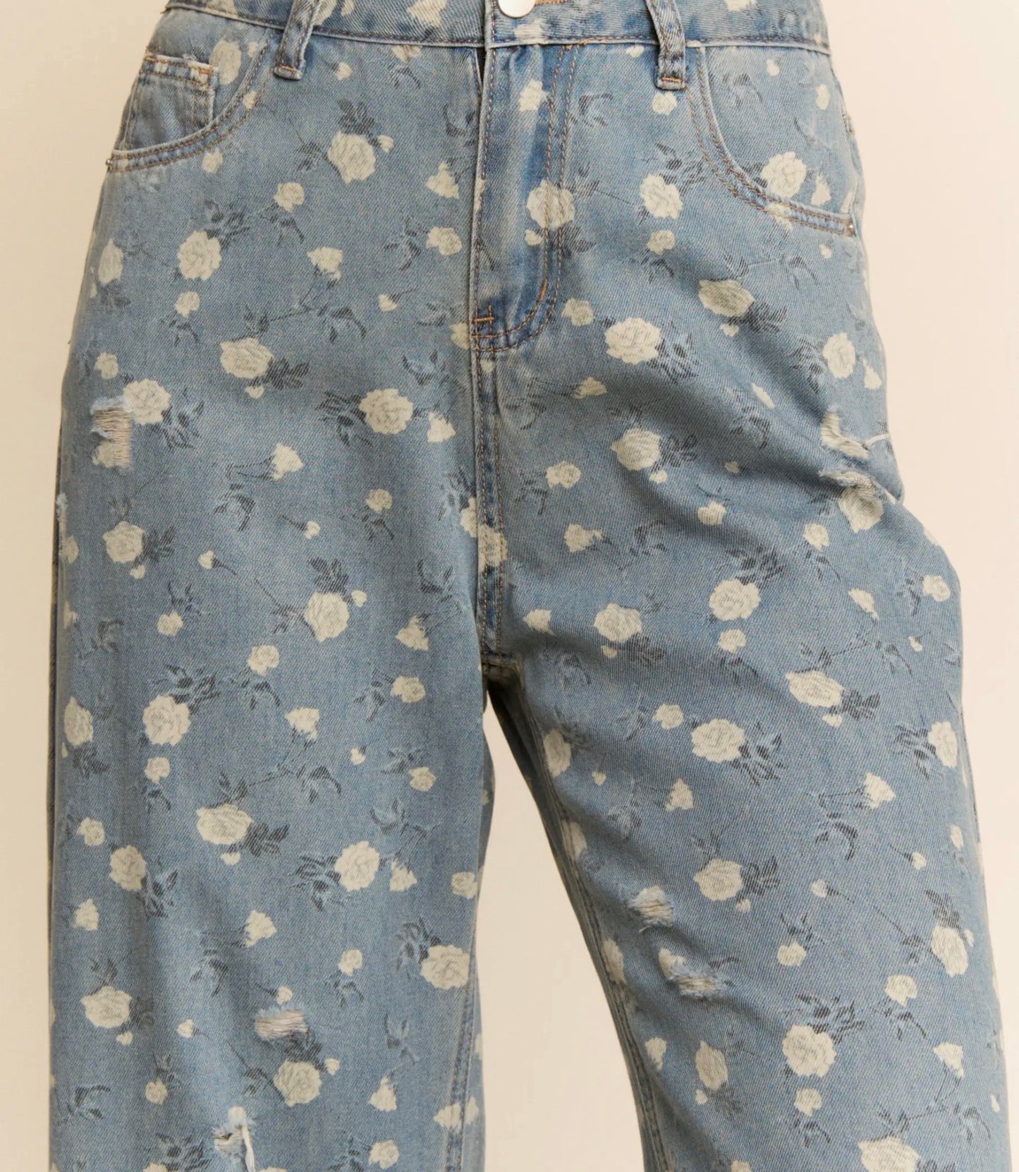 Floral Print High-Waisted Wide-Leg Denim Pants