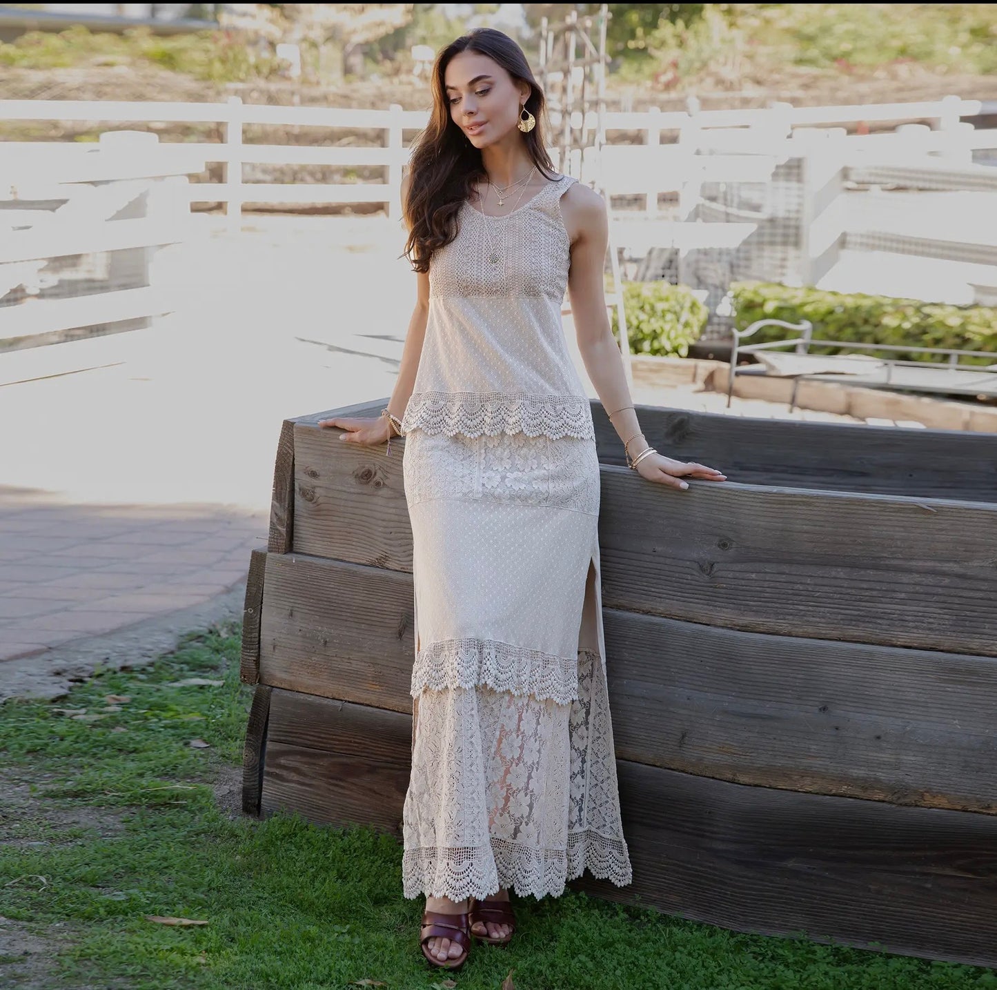 Desert Dream Ranch Dress W/Stretch Knit & Lace Maxi