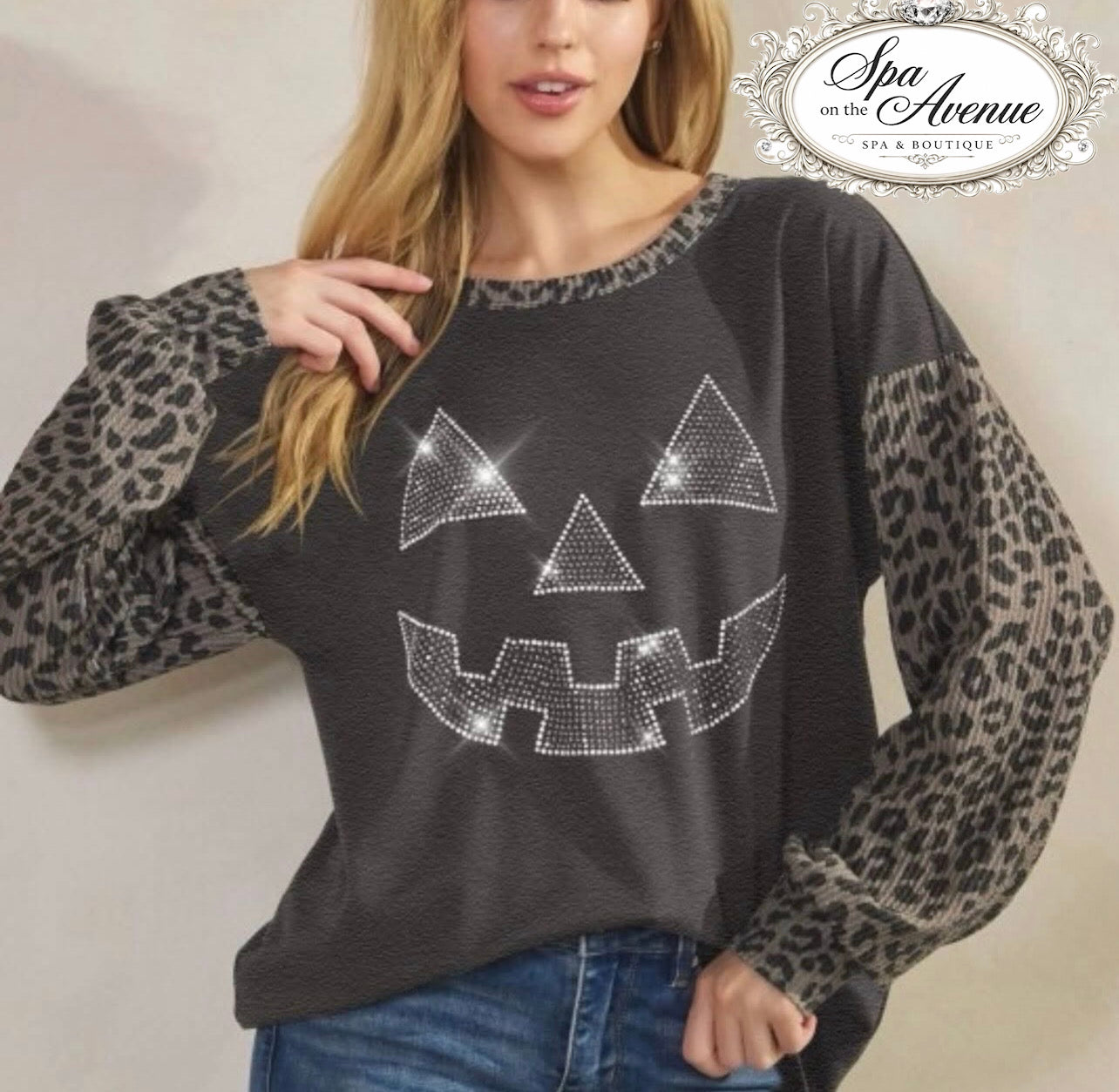 Jeweled Jack-o-Lantern Leopard Sleeve Top
