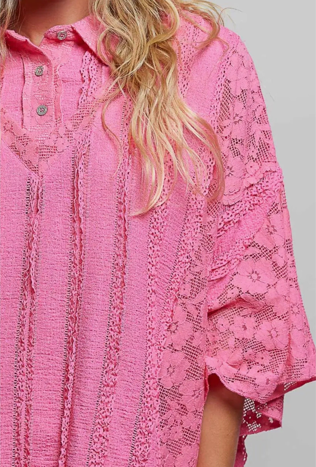 POL Lace Patch Solid Lightweight Short Sleeve
Collared Knit Top