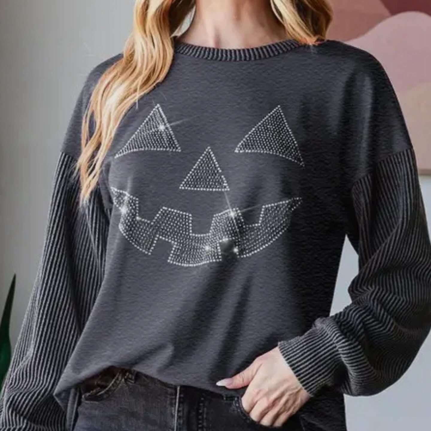 Jeweled Jack-o-Lantern Pinstripe Sleeve Top