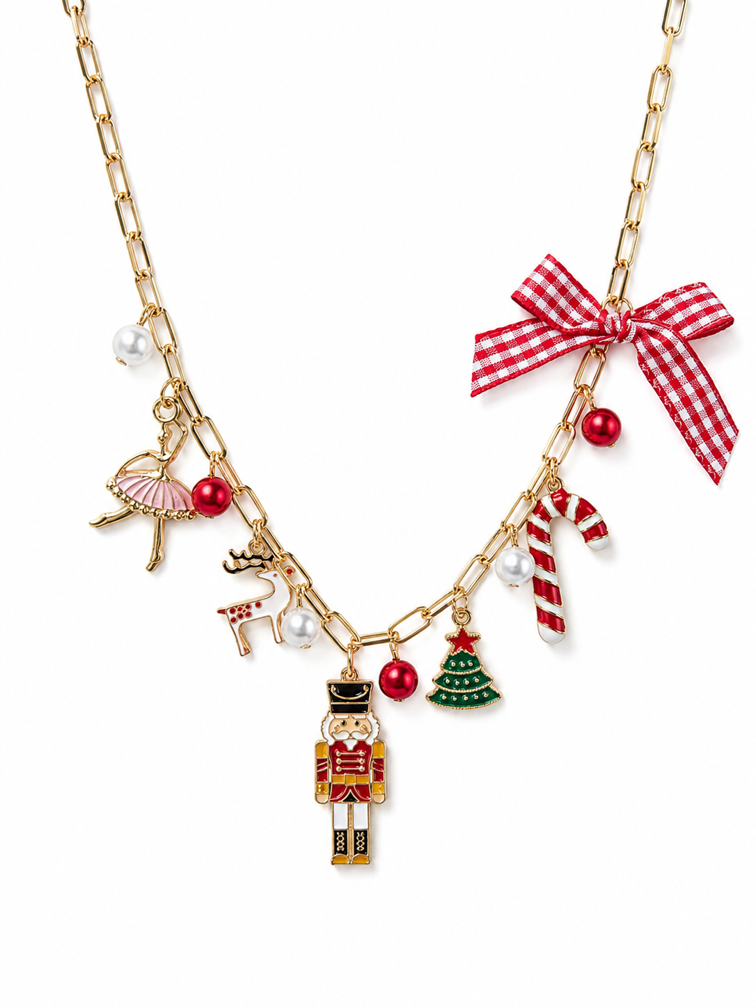 Festive Christmas Nutcracker Charm Necklace with Red Gingham Bow