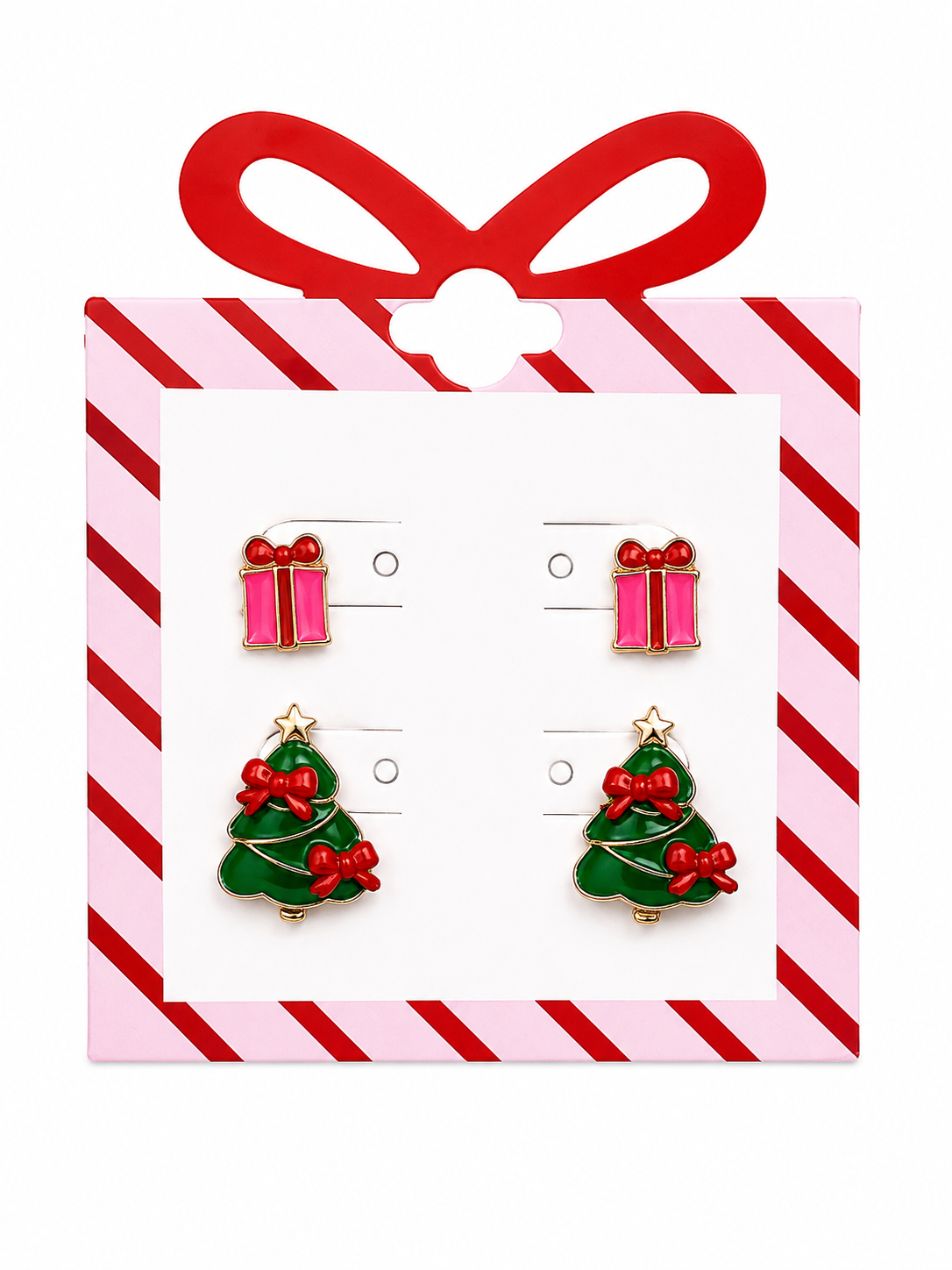 Christmas Tree & Pink Present Stud Earring Set