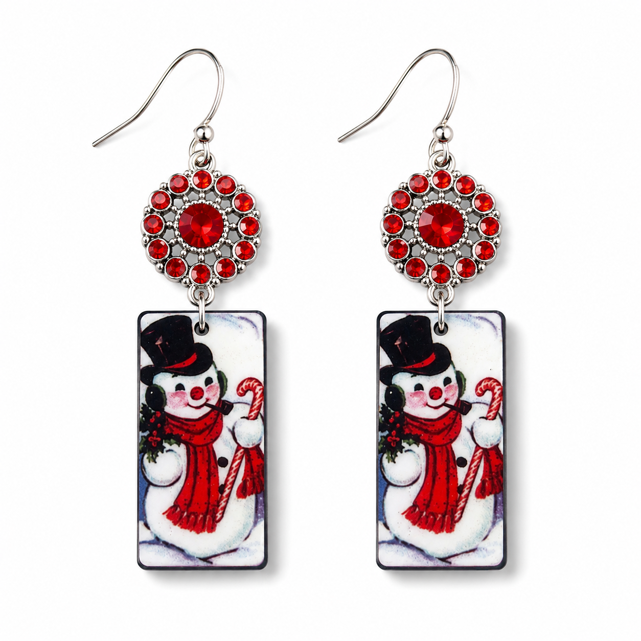 Vintage Snowman & Red Rhinestone Christmas Earrings