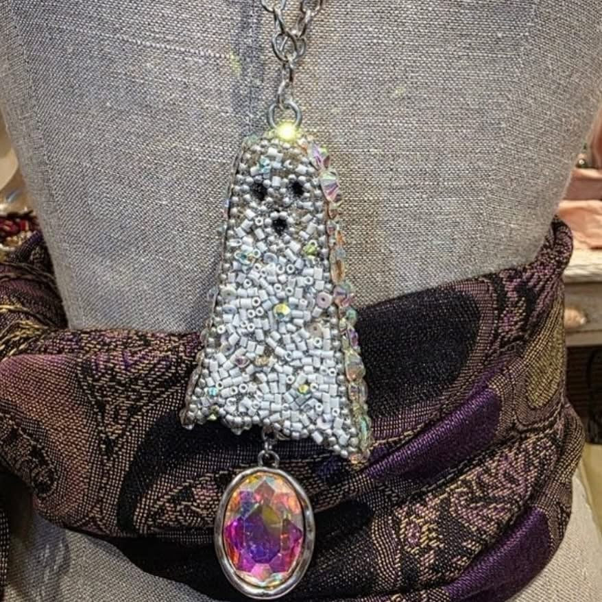 PRIM Beaded Ghost Statement Necklace with Iridescent Crystal Drop