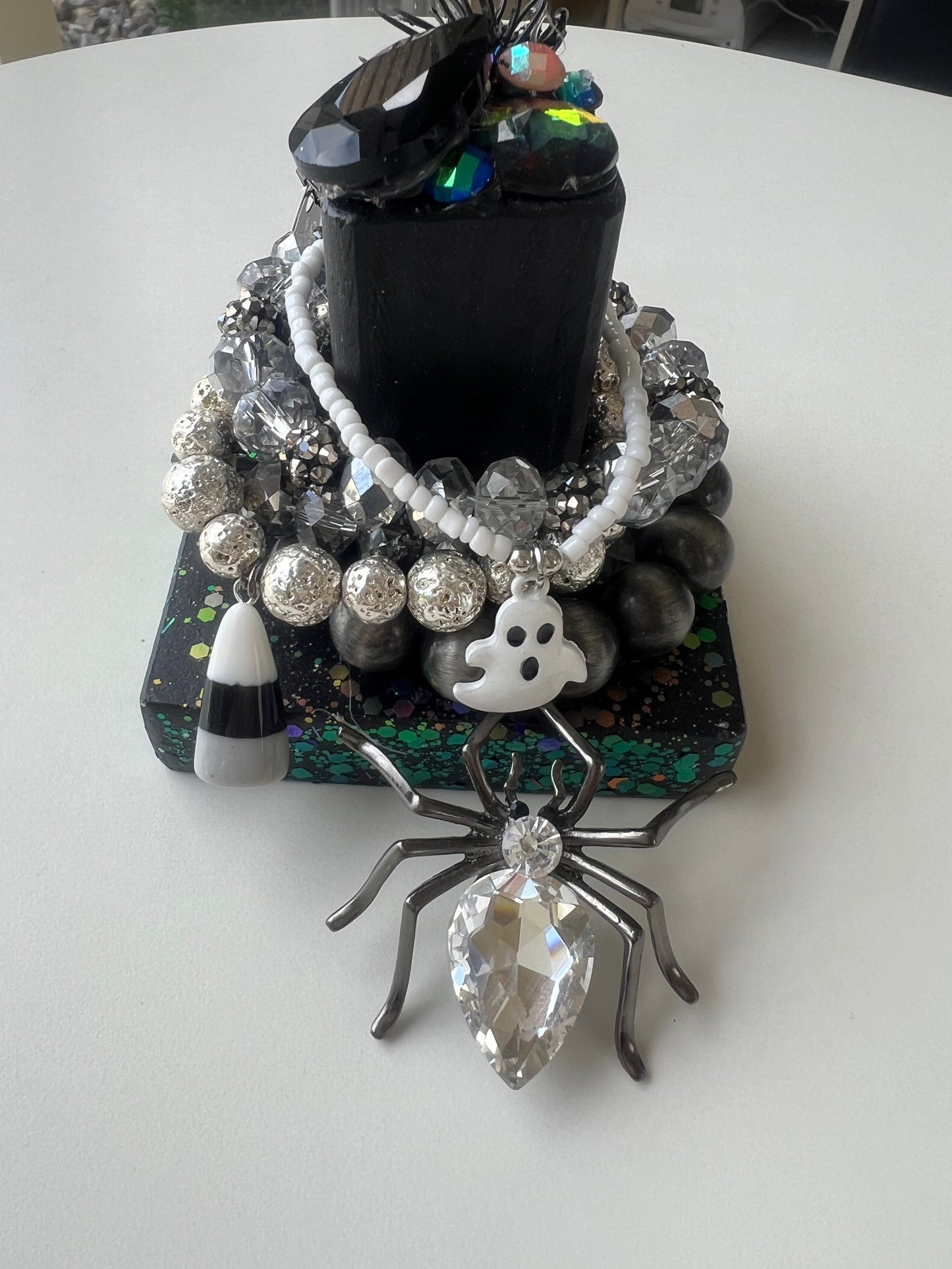 PRIM Halloween Ghost, Candy Corn & Crystal Spider Bracelet Stack