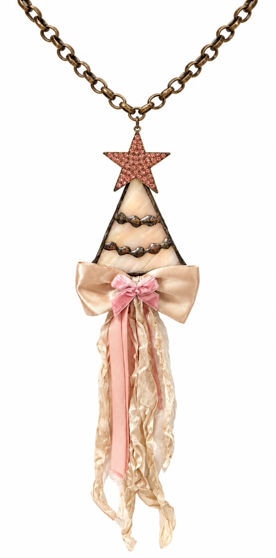 Gypsy South Handmade Pink Star Christmas Tree & Ribbon Tassel Necklace