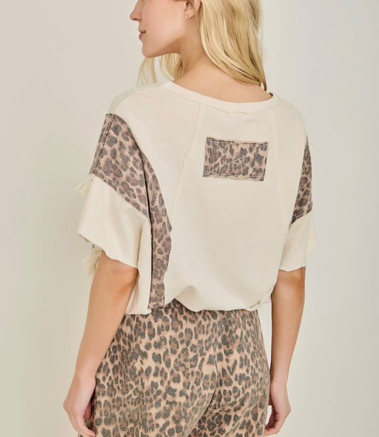 J Her Mineral Washed Animal Print Fringe Trim Top
