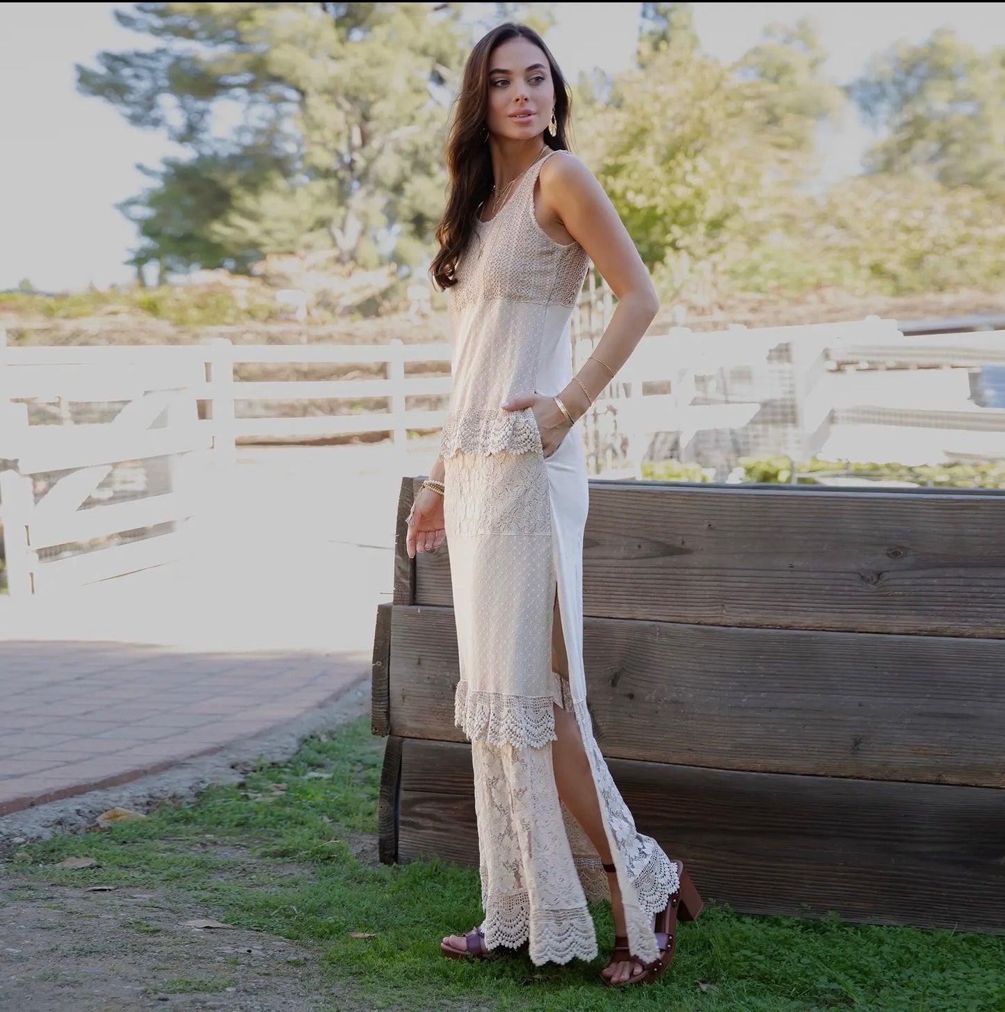 Desert Dream Ranch Dress W/Stretch Knit & Lace Maxi