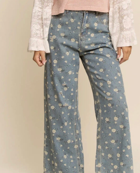 Floral Print High-Waisted Wide-Leg Denim Pants