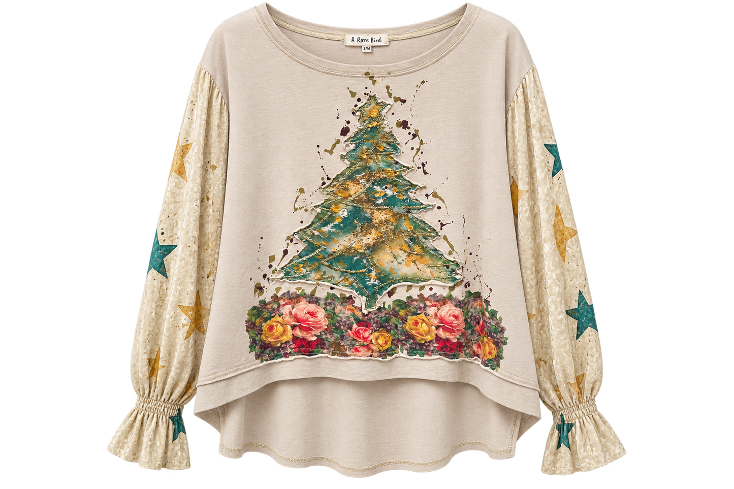 A Rare Bird Vintage Inspired Christmas Appliqué Top. Hi-Lo
