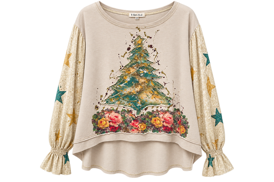 A Rare Bird Vintage Inspired Christmas Appliqué Top. Hi-Lo
