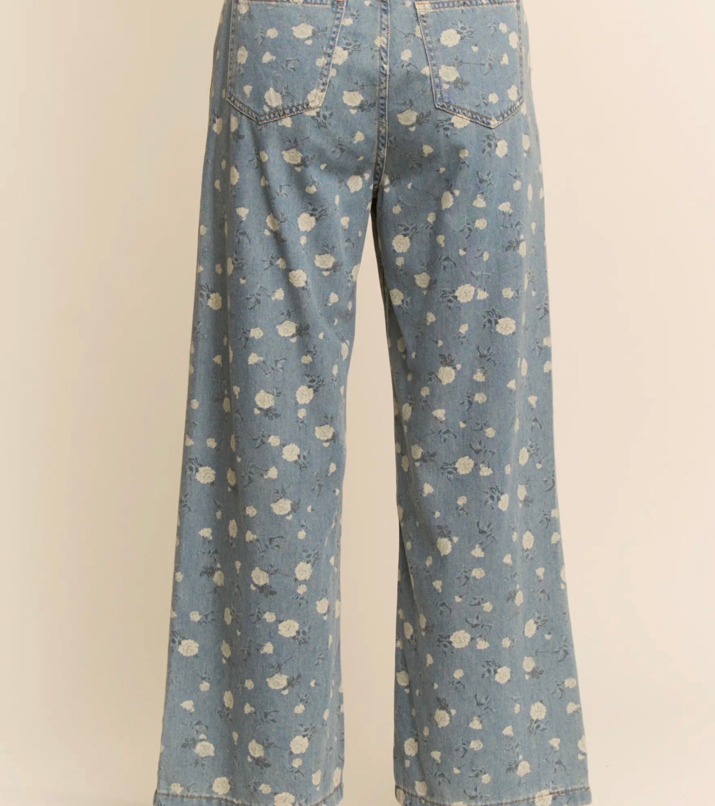 Floral Print High-Waisted Wide-Leg Denim Pants