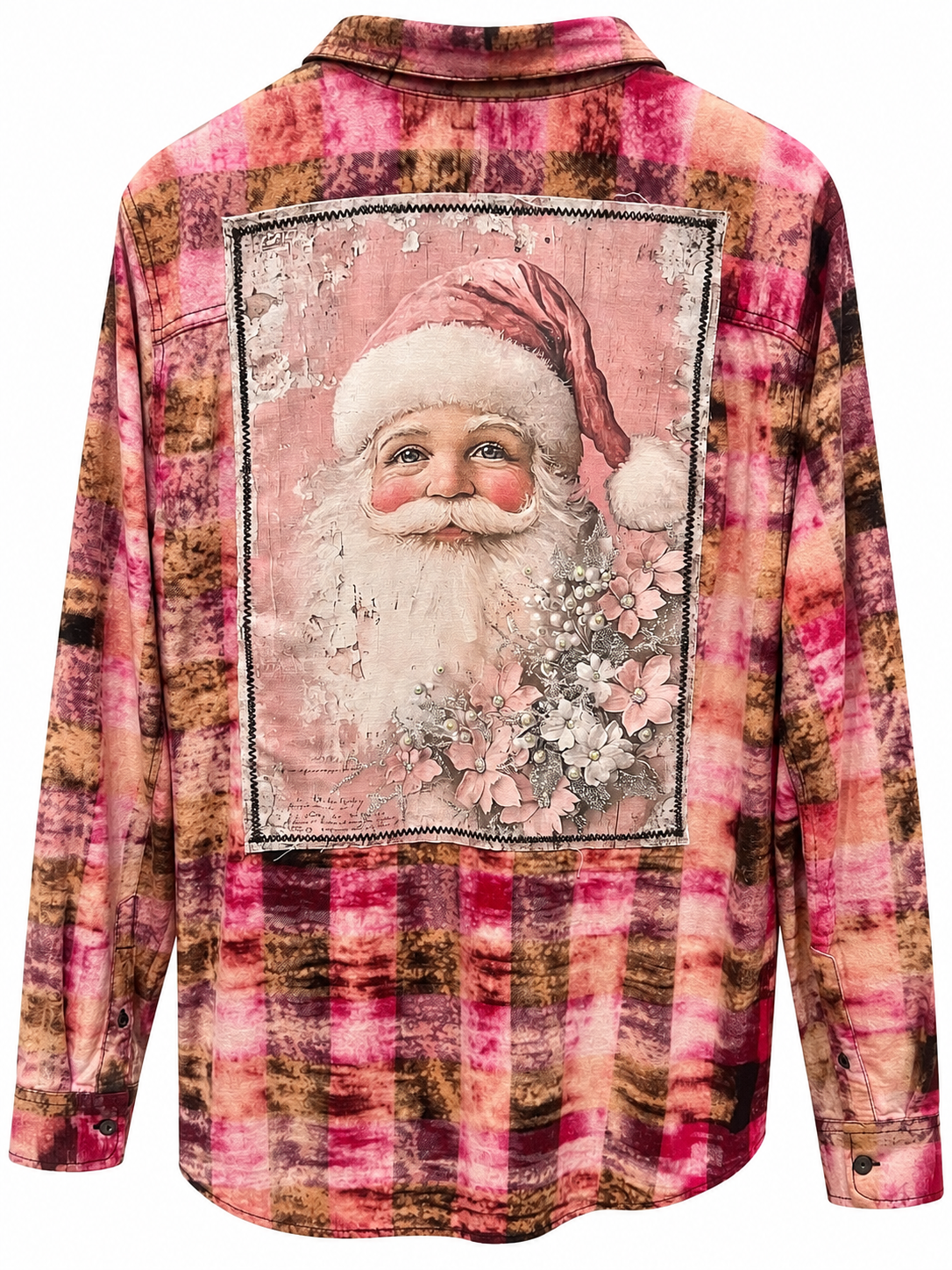 Pink Vintage Santa Applique’ Plaid Flannel