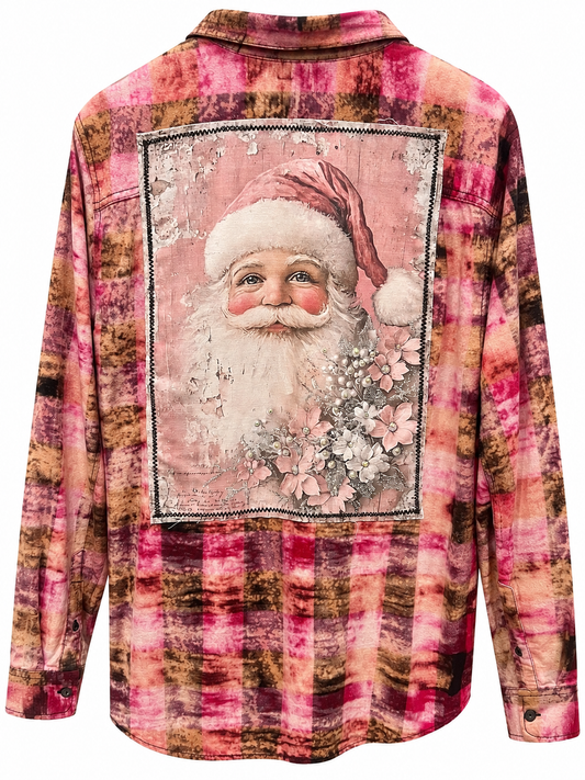 Pink Vintage Santa Applique’ Plaid Flannel