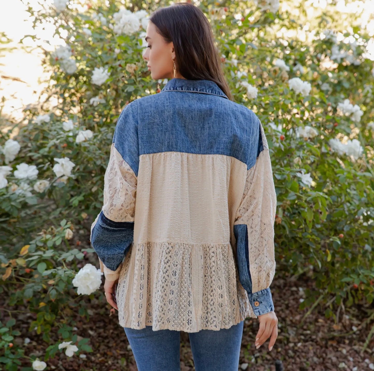 Young Threads Mixed Spliced Denim Shirt with Seersucker & Lace