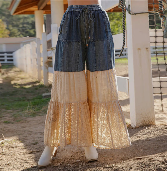 Boho Denim & Lace Wide Pant