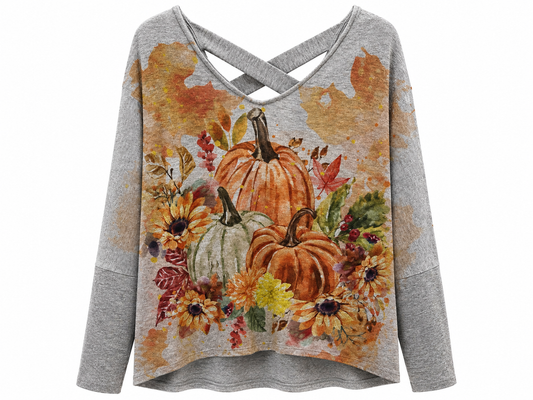 Pumpkin & Fall Leaves Top In Gray