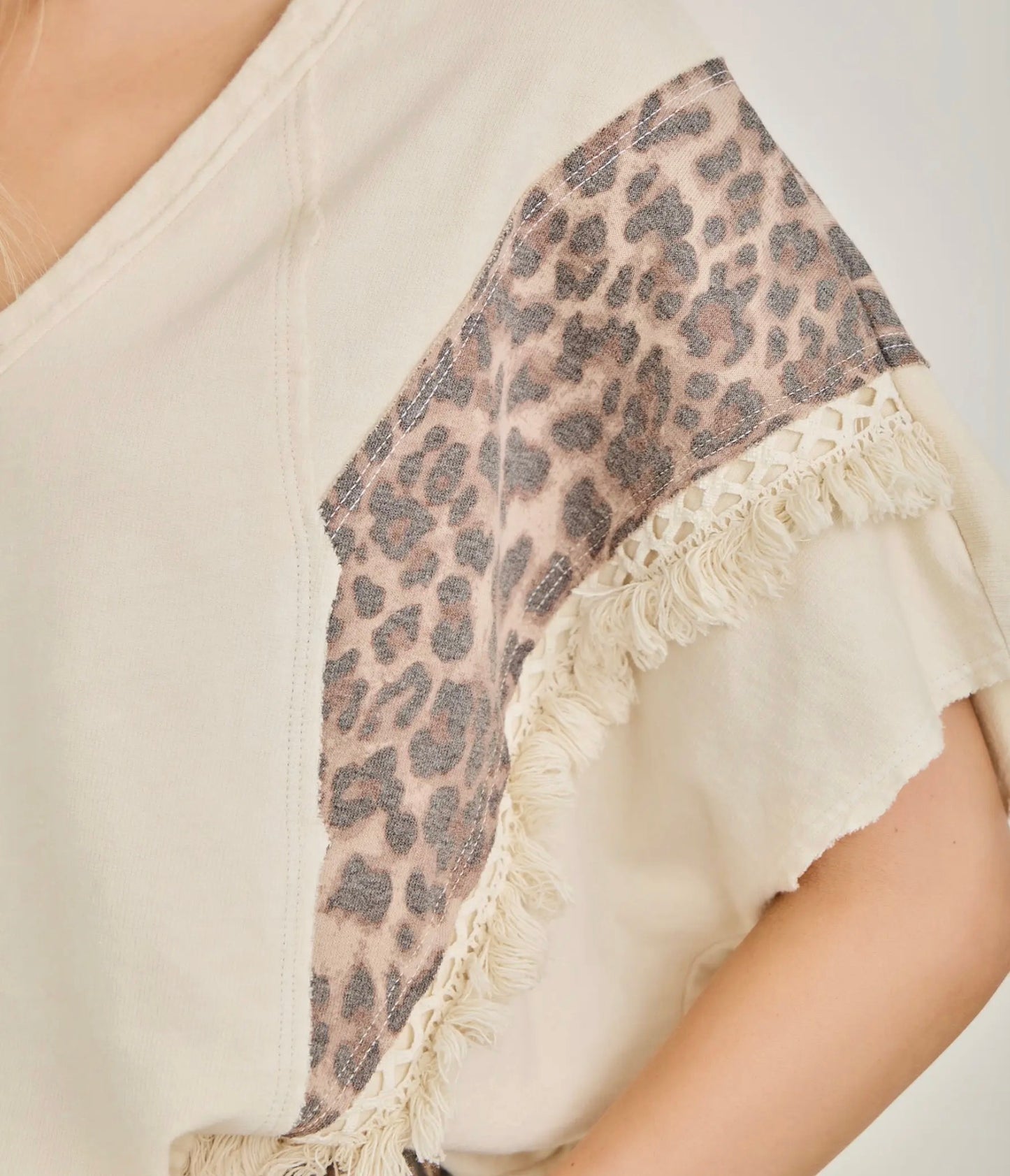 Mineral Washed Animal Print Fringe Trim Top