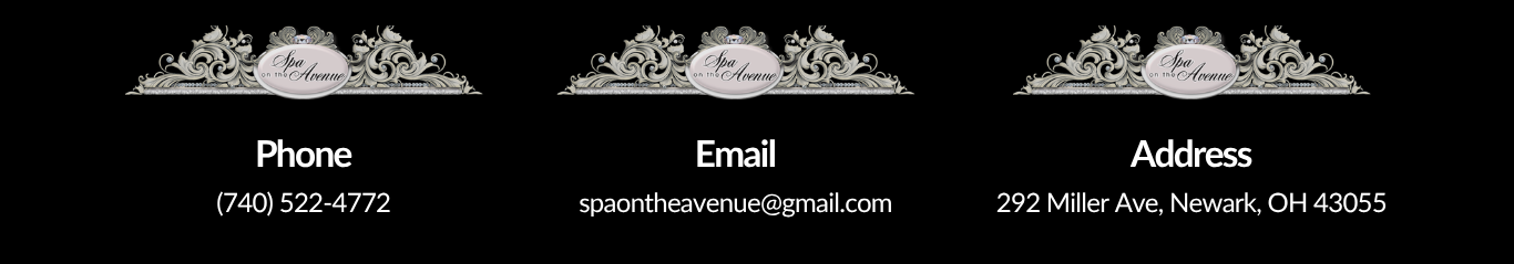 Contact information card with phone number, email, and address on a black background