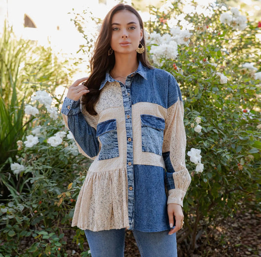 Mixed Spliced Denim Shirt with Seersucker & Lace