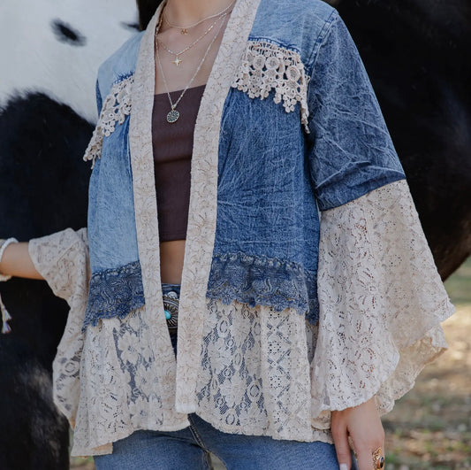 Young Threads Boho Lace & Denim Kimono