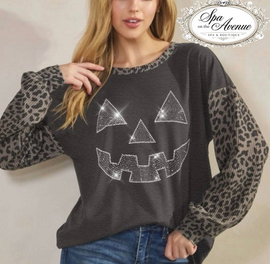 Jeweled Jack-o-Lantern Leopard Sleeve Top