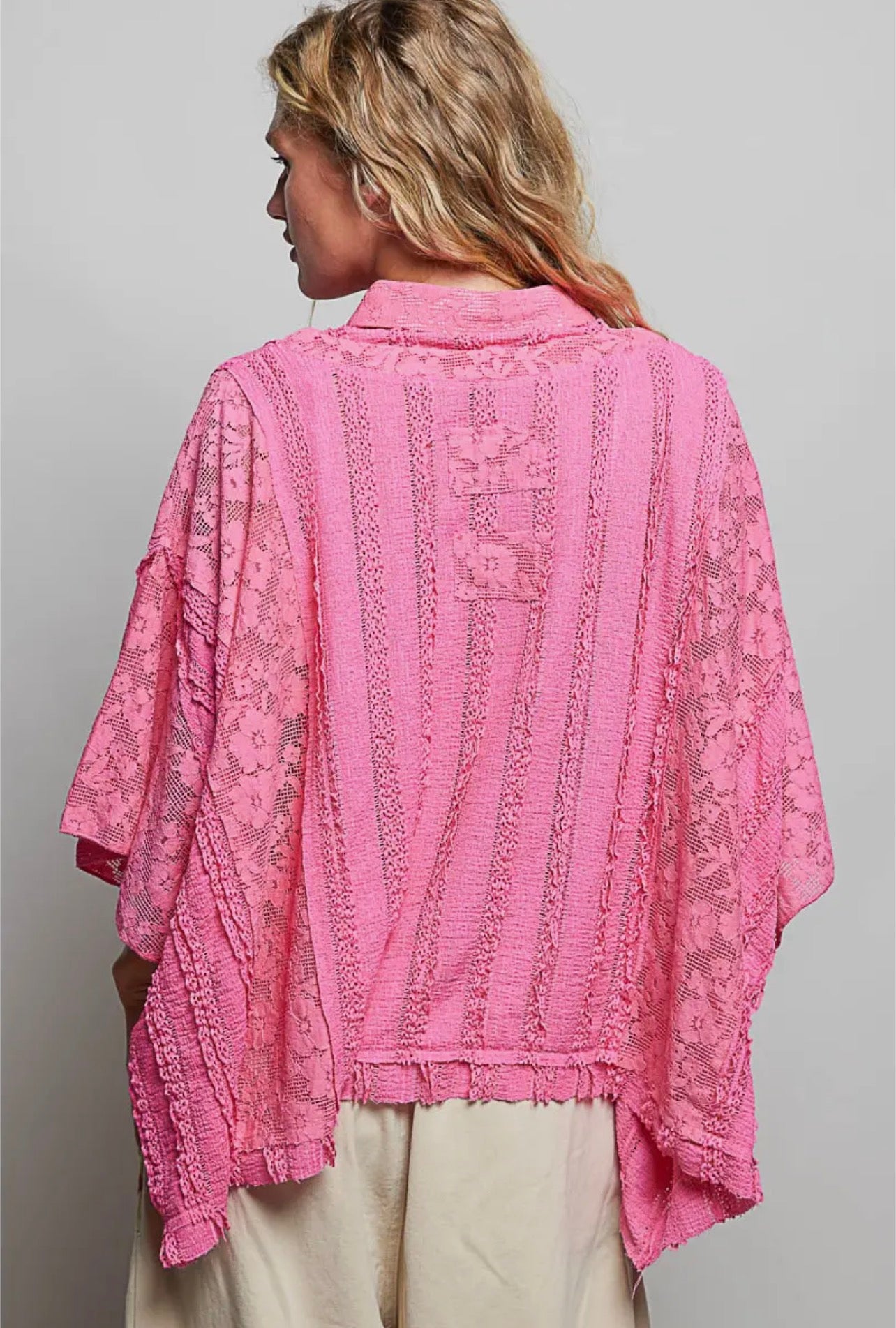 POL Lace Patch Solid Lightweight Short Sleeve
Collared Knit Top