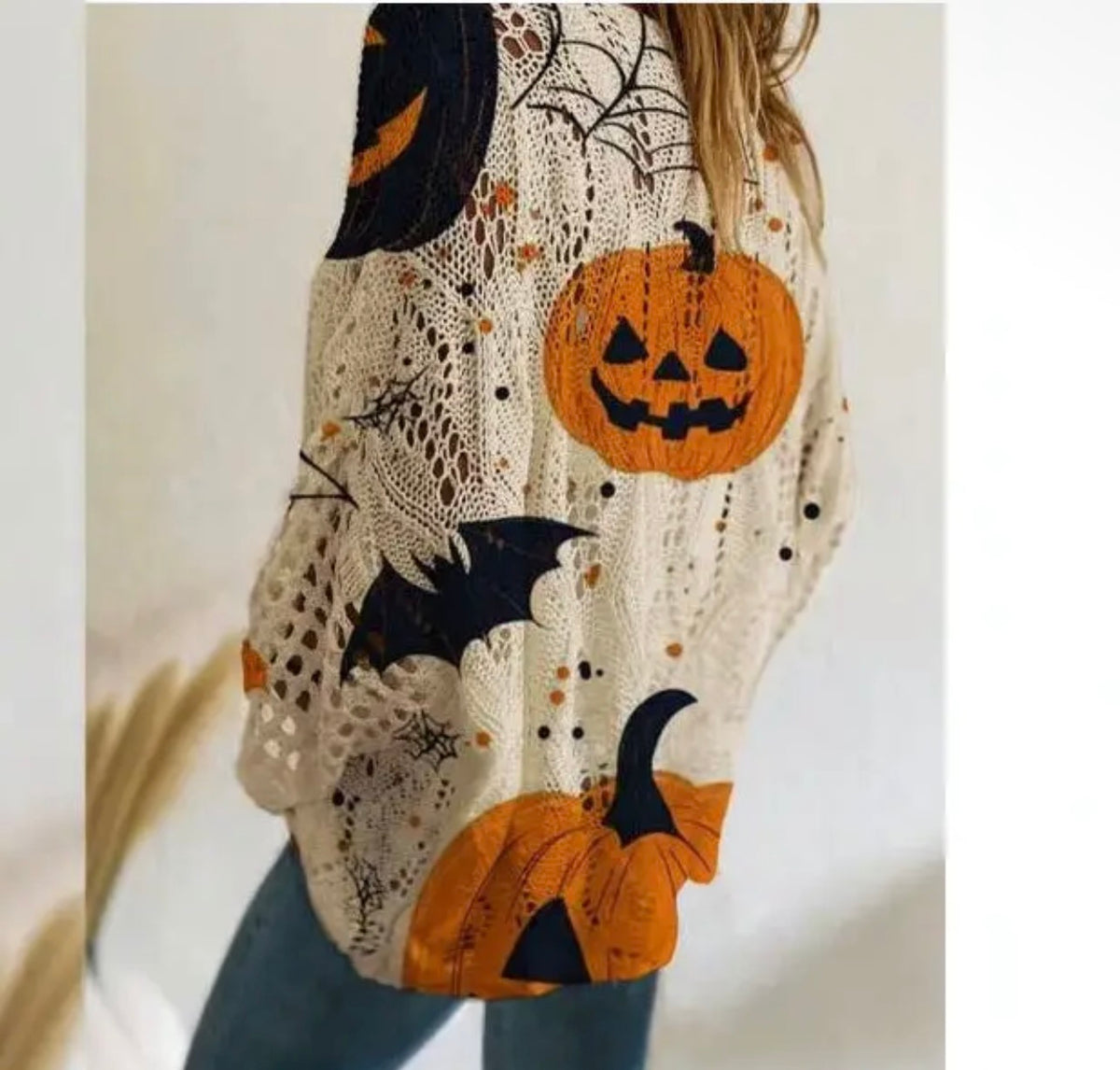 Off Shoulder Crochet Halloween Pumpkin Bat Sweater