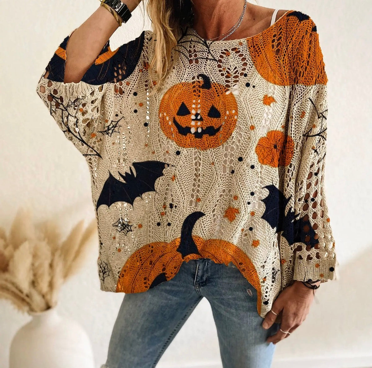 Off Shoulder Crochet Halloween Pumpkin Bat Sweater