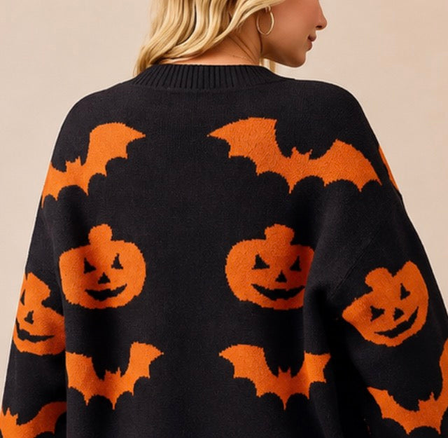 Soft Halloween Pumpkin & Bat Cardigan