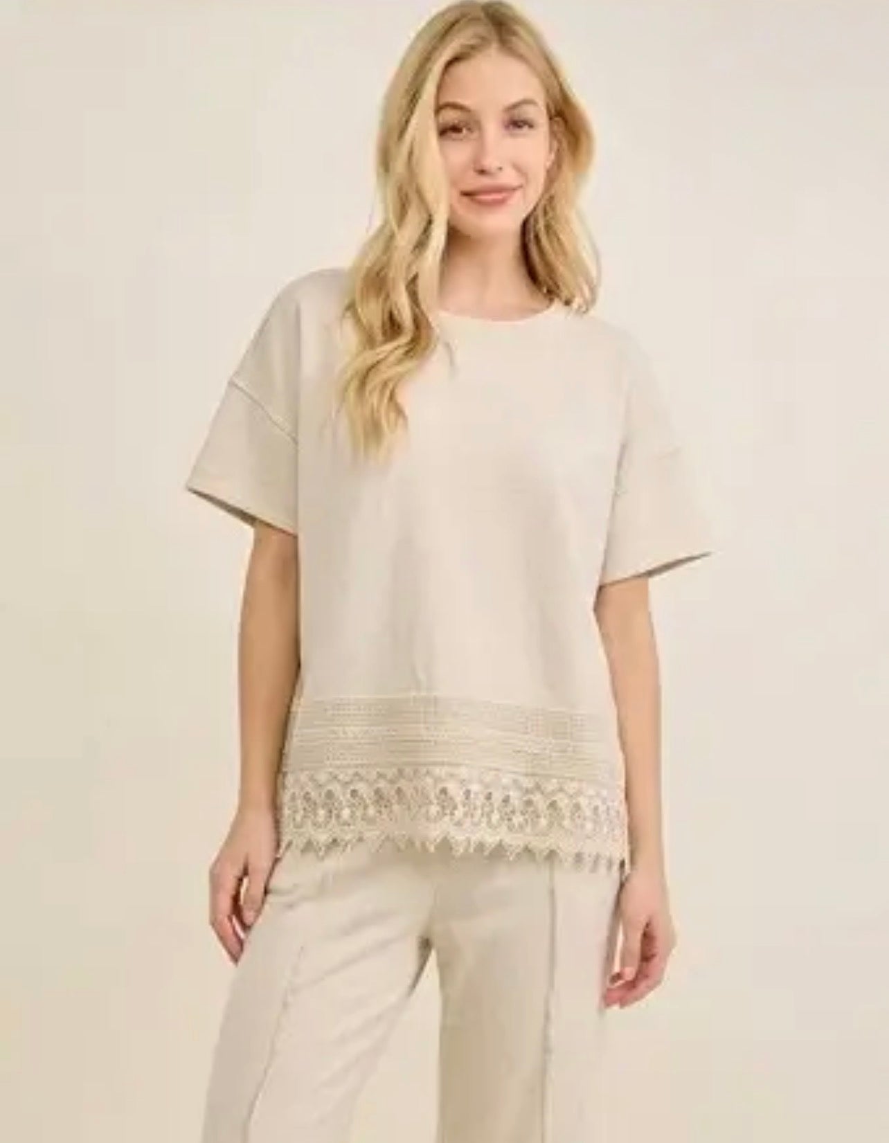 Jher Mineral Washed Delicate Lace Trimmed Top