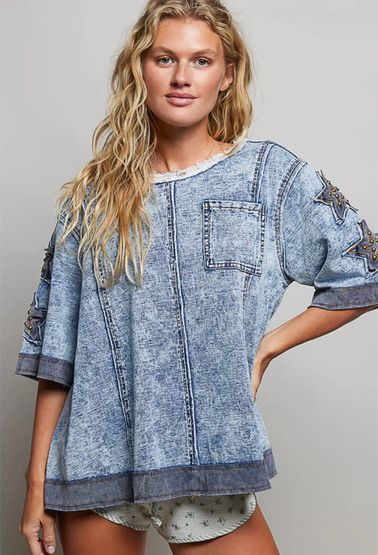POL Star Patch Stud Accents French Terry Short Sleeve
Top