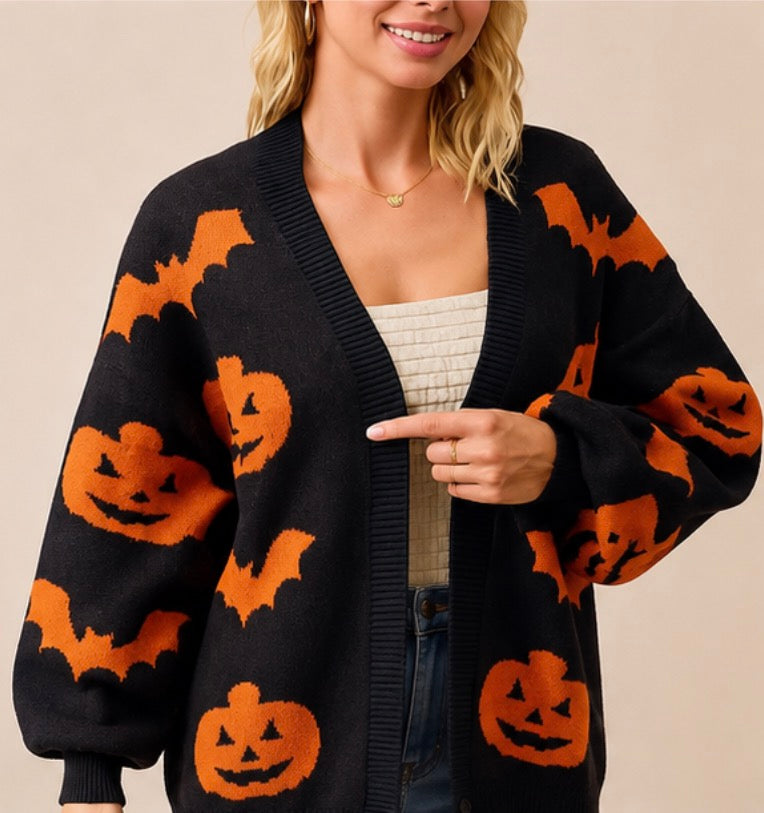 Soft Halloween Pumpkin & Bat Cardigan