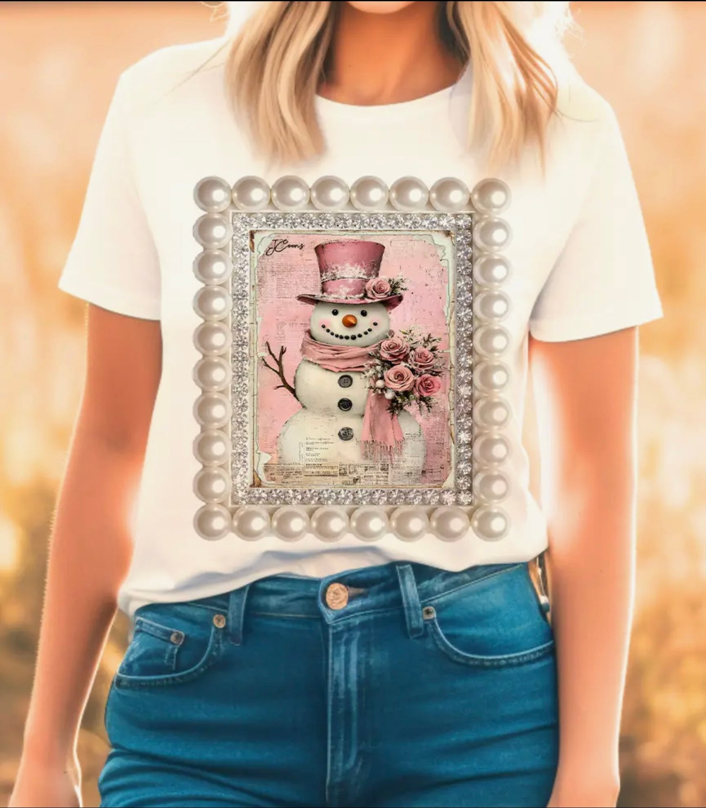 Snowman Frame Crystal Bling T- Shirt