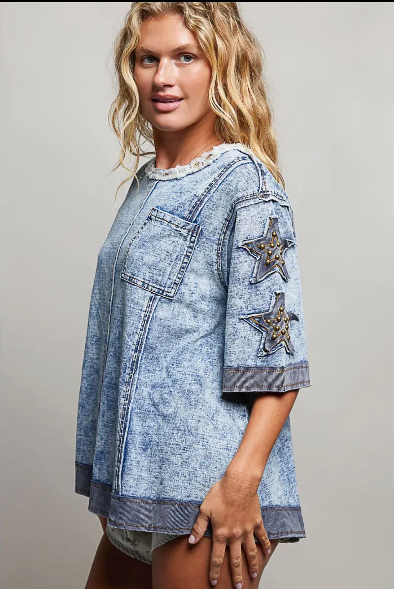 POL Star Patch Stud Accents French Terry Short Sleeve
Top