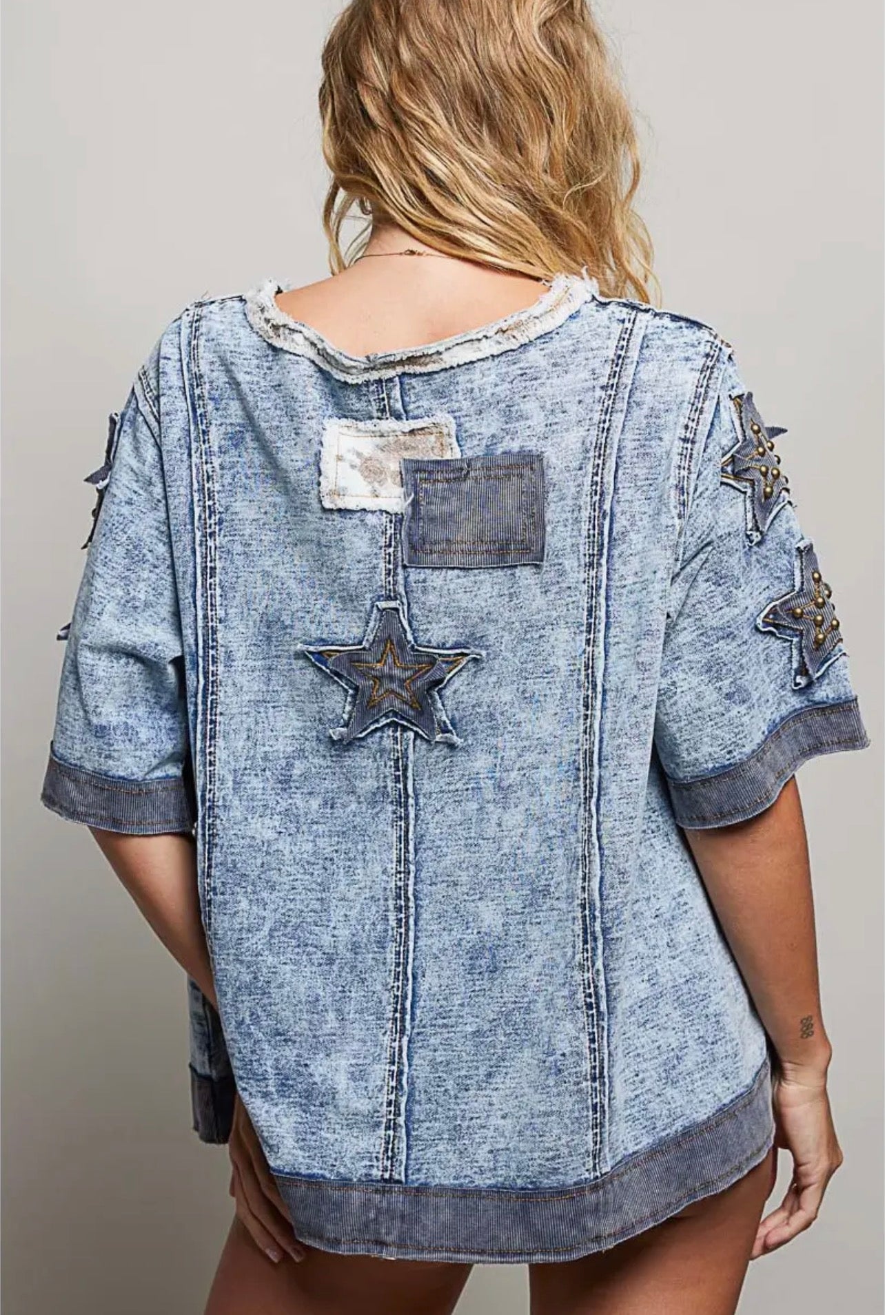 POL Star Patch Stud Accents French Terry Short Sleeve
Top