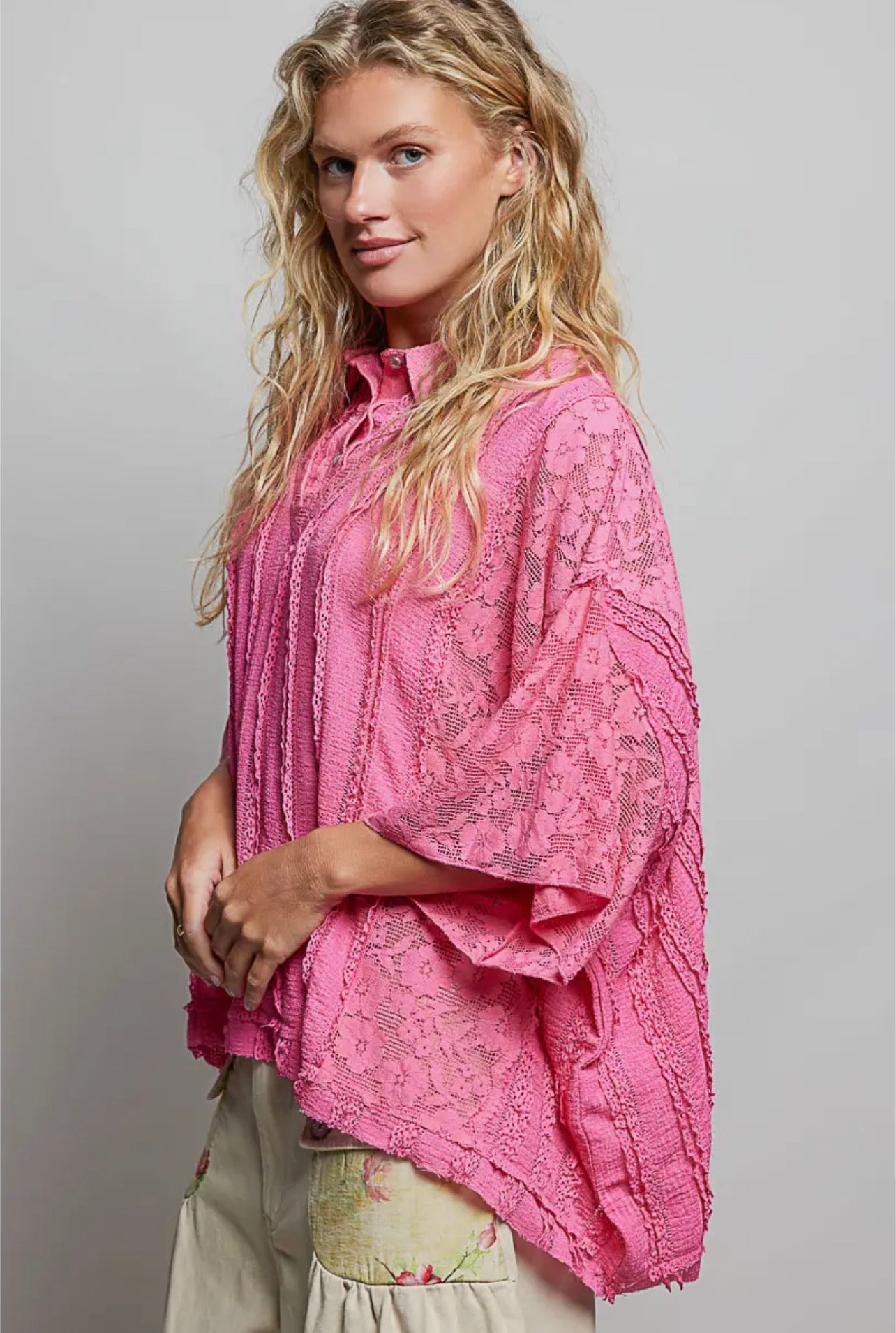 POL Lace Patch Solid Lightweight Short Sleeve
Collared Knit Top