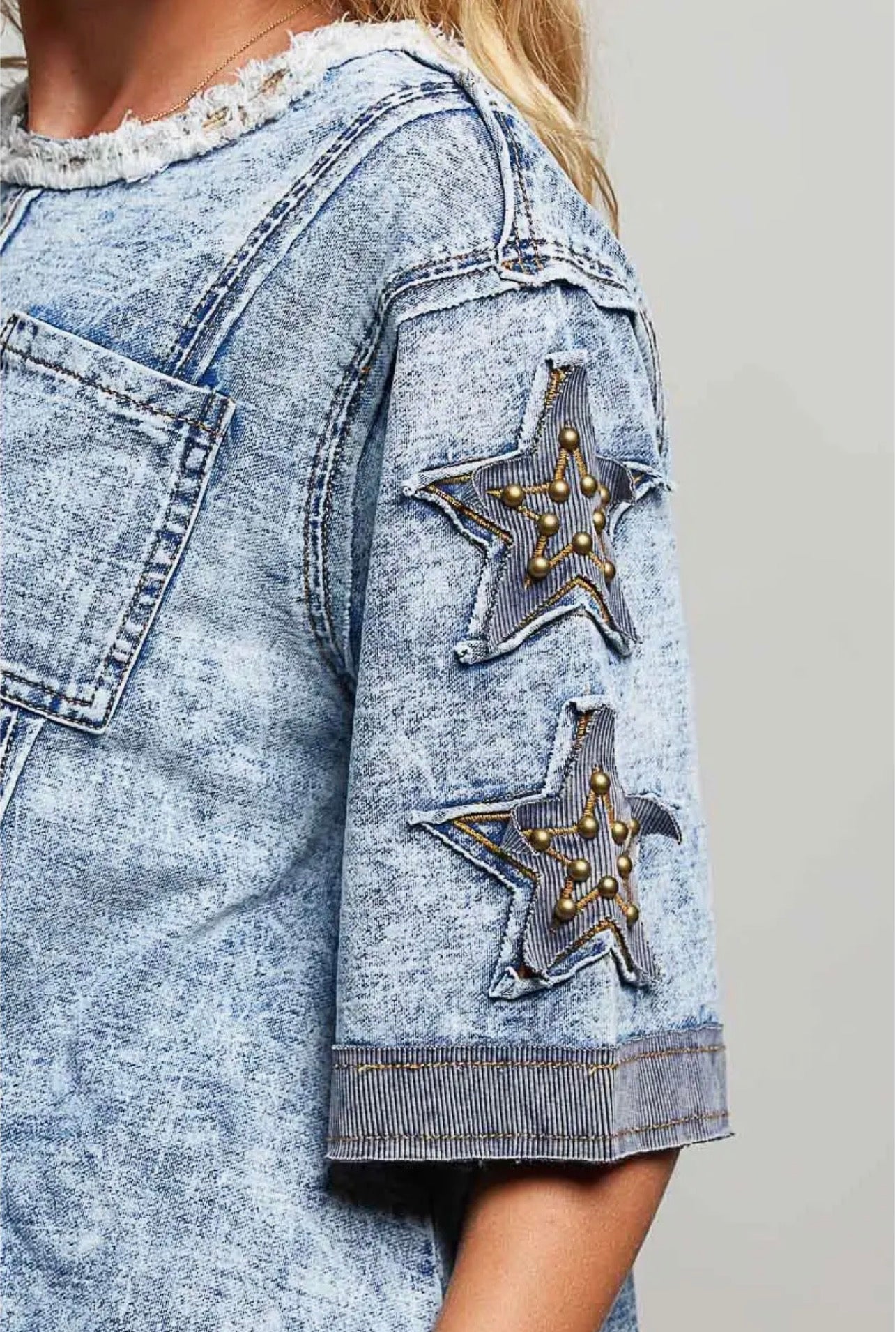 POL Star Patch Stud Accents French Terry Short Sleeve
Top