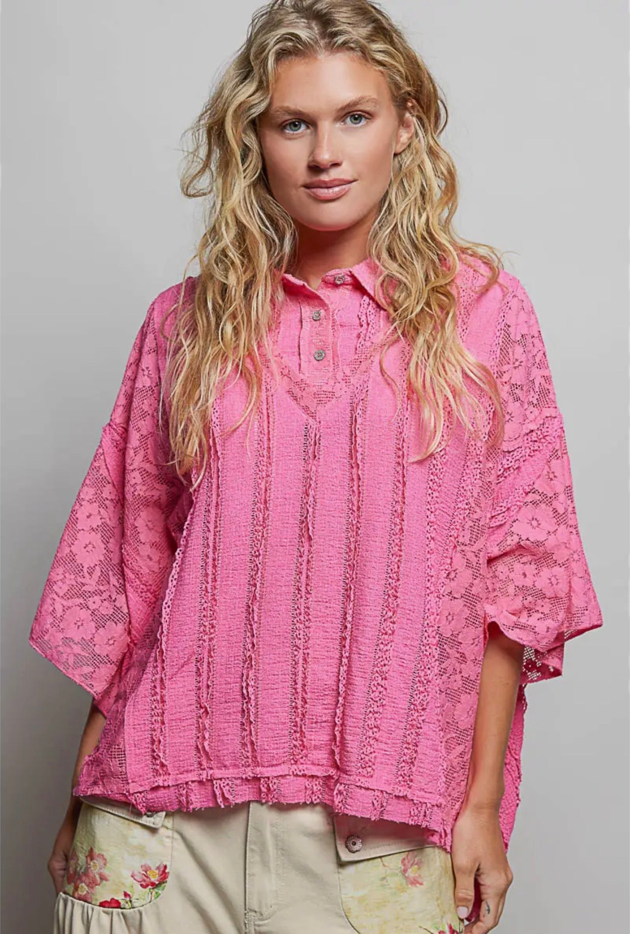 POL Lace Patch Solid Lightweight Short Sleeve
Collared Knit Top