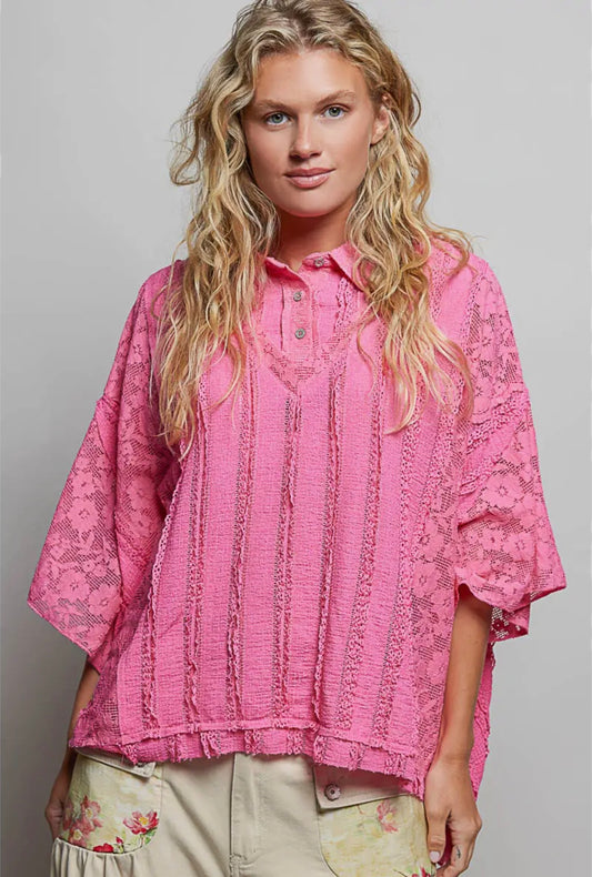 POL Lace Patch Solid Lightweight Short Sleeve
Collared Knit Top