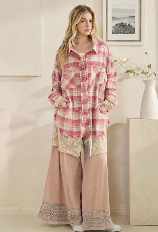 Oli & Hali Washed Plaid With Lace Trim Shacket