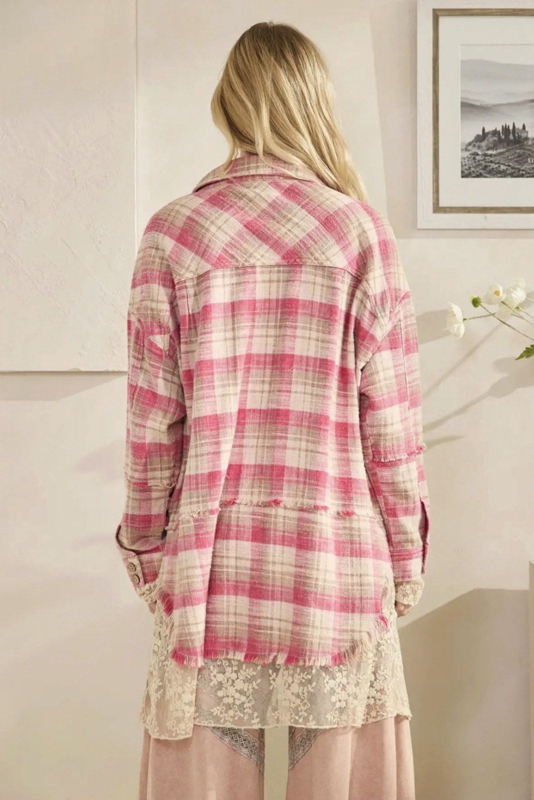 Oli & Hali Washed Plaid With Lace Trim Shacket