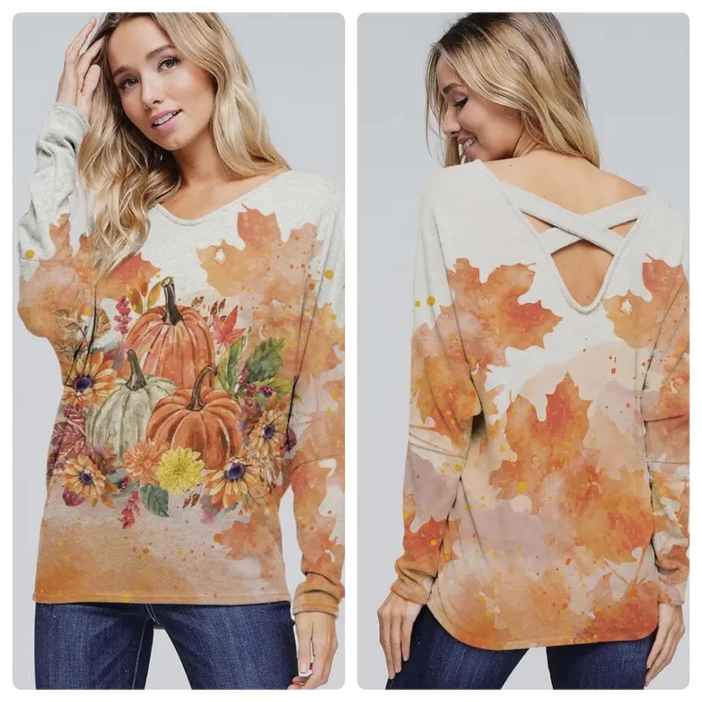 Pumpkin & Fall Leaves Top In Cream