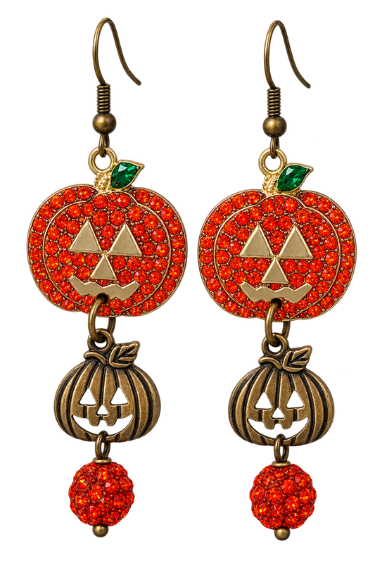 Handmade Pumpkin Dangle Earrings – Rhinestone Halloween Earrings