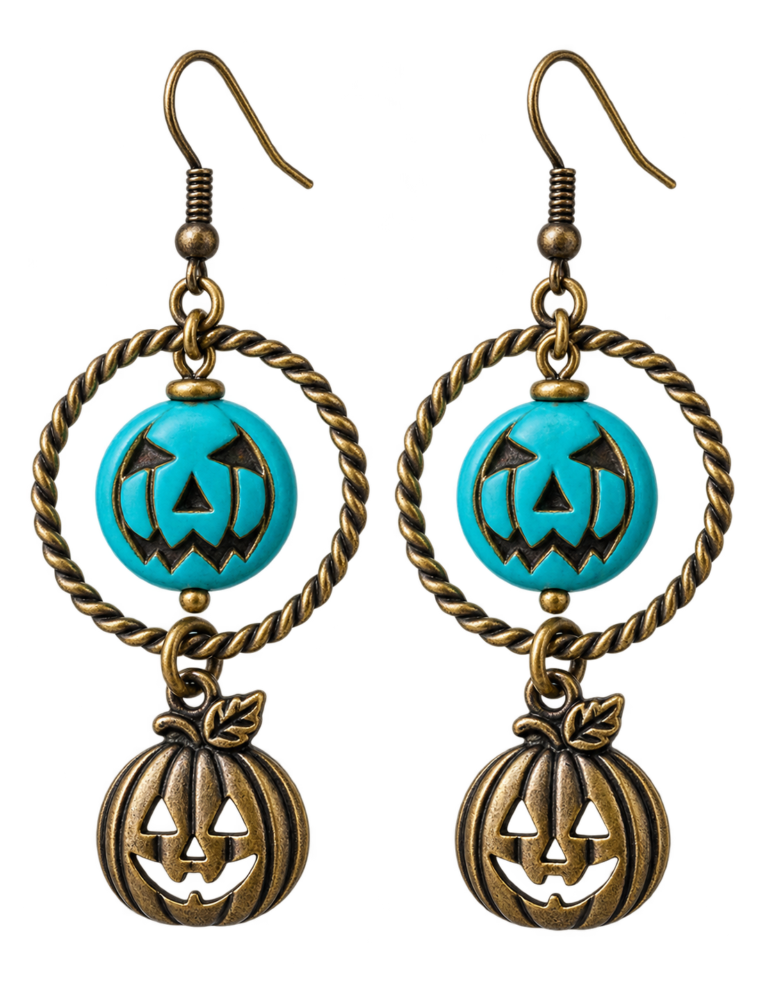 Handmade Turquoise Pumpkin Dangle Earrings – Antique Brass Halloween Earrings