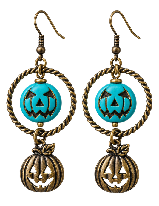Handmade Turquoise Pumpkin Dangle Earrings – Antique Brass Halloween Earrings