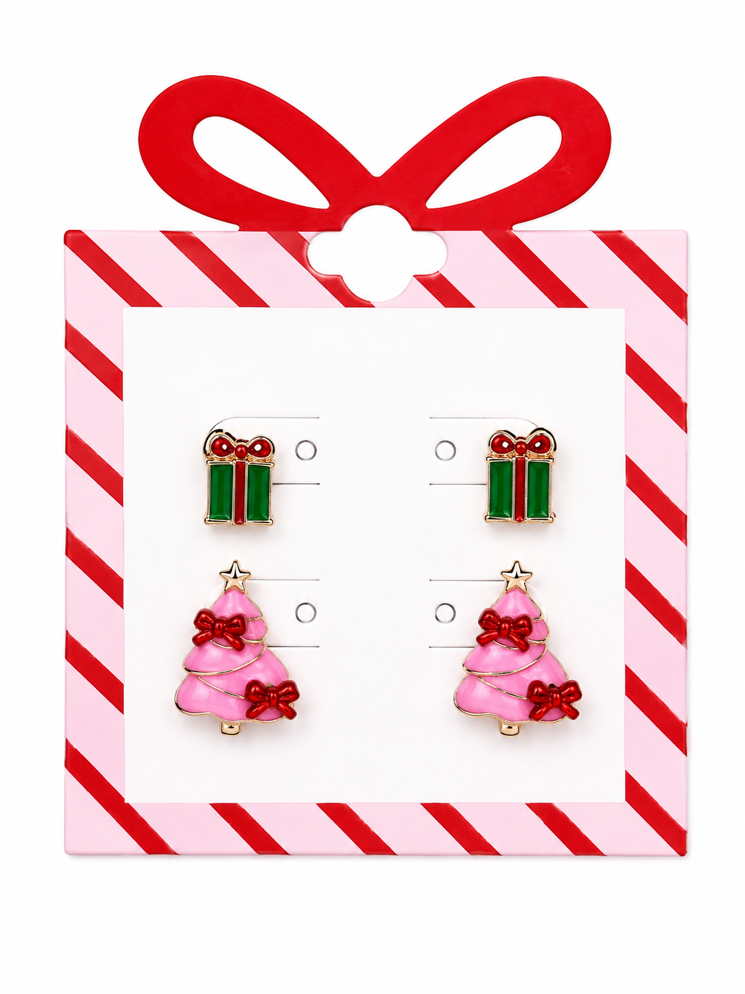 Pink Christmas Tree & Green Present Stud Earring Set