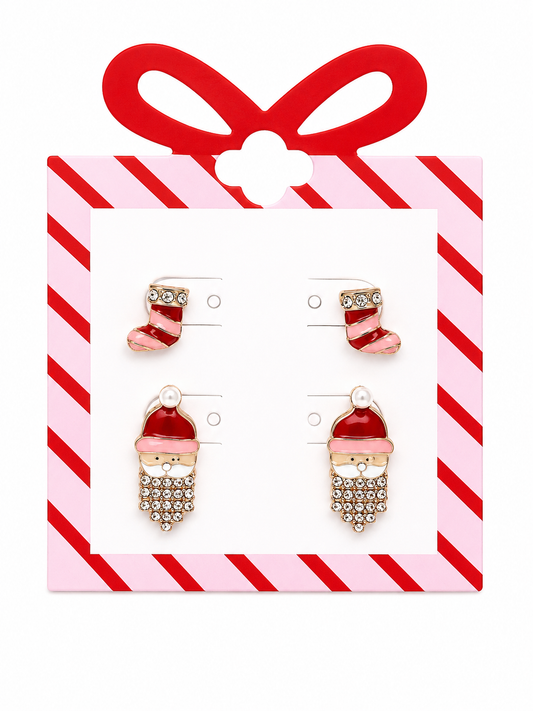 Pink Santa & Christmas Stocking Stud Earring Set