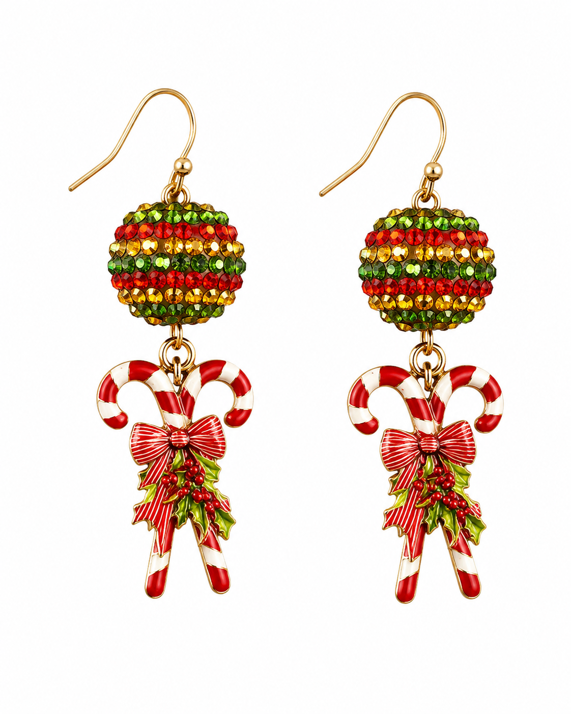 Christmas Candy Cane & Rhinestone Drop Earrings